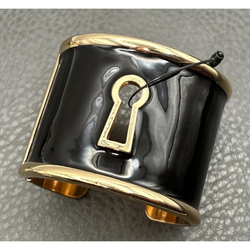 Chicos Black Enamel Gold Tone Cuff Bracelet Keyhole Key Hole Lock Wide Statement